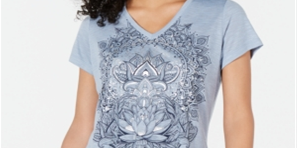 Style & Co Women's Graphic Print Handkerchief-Hem T-Shirt Blue Size Petite Small