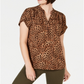 Charter Club Women's Animal Print Short Sleeve Shirt Brown Size Small