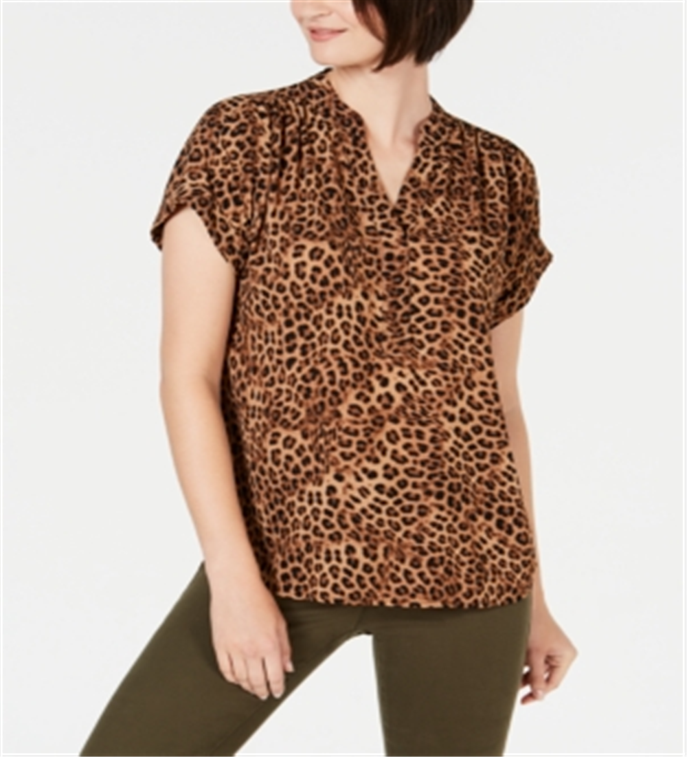 Charter Club Women's Animal Print Short Sleeve Shirt Brown Size Small
