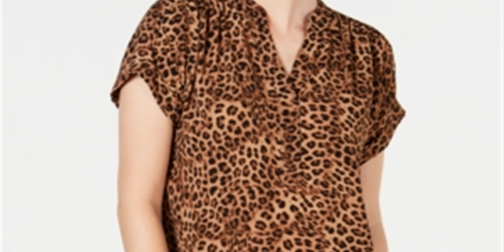 Charter Club Women's Animal Print Short Sleeve Shirt Brown Size Small