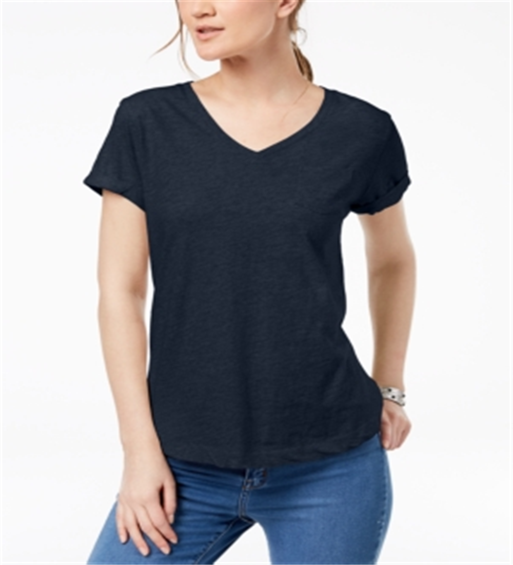 Style & Co Women's V Neck Pocket T-Shirt Blue Size Petite S