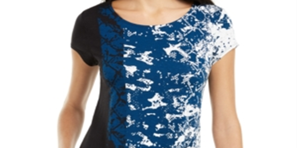 Alfani Women's Printed Round-Hem T-Shirt Blue Size Petite S/M