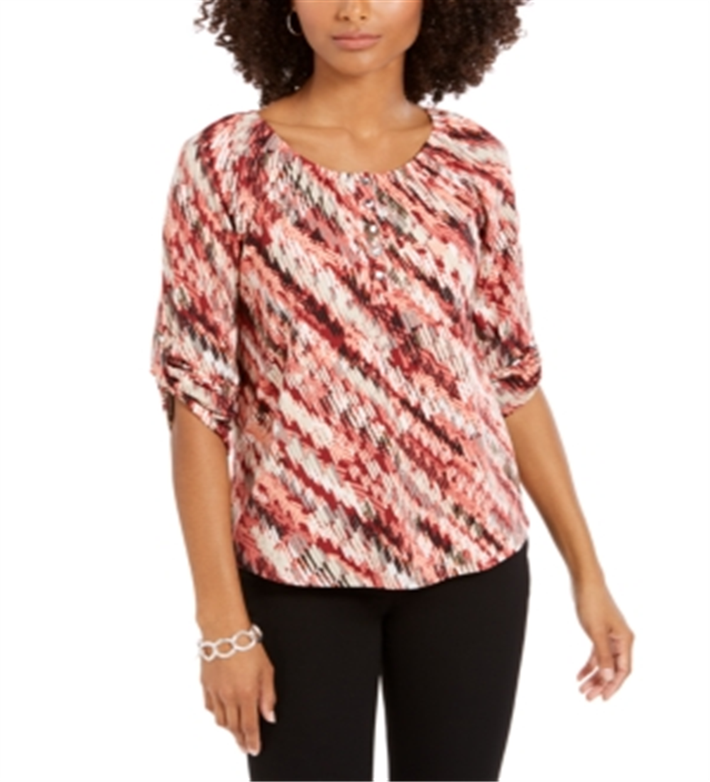 NY Collection Women's Printed Roll Tab Sleeve Peasant Top Wine Size Petite XL