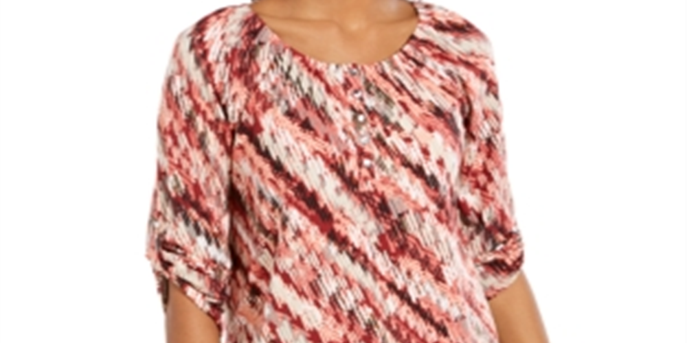 NY Collection Women's Printed Roll Tab Sleeve Peasant Top Wine Size Petite XL