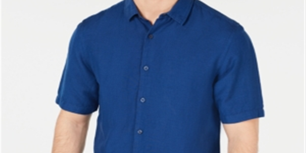Alfani Men's Linen Blend Wear to Work Button-Down Shirt Blue Size 3XL