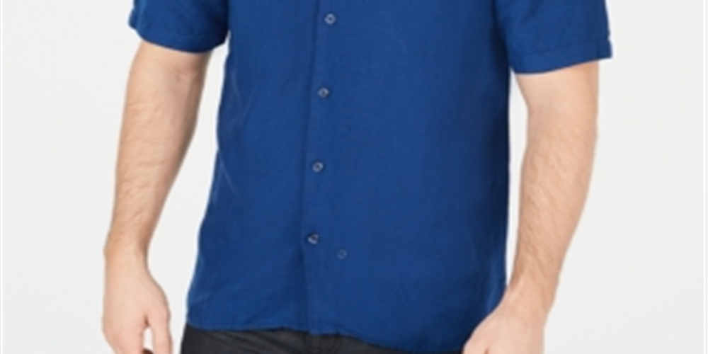 Alfani Men's Linen Blend Wear to Work Button-Down Shirt Blue Size 3XL
