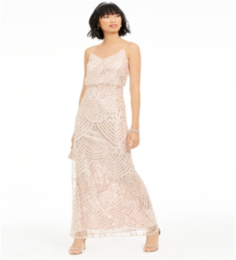 Adrianna Papell Women's  Sequined Spaghetti Strap V Neck Maxi Evening Sheath Dress Pink Size 16