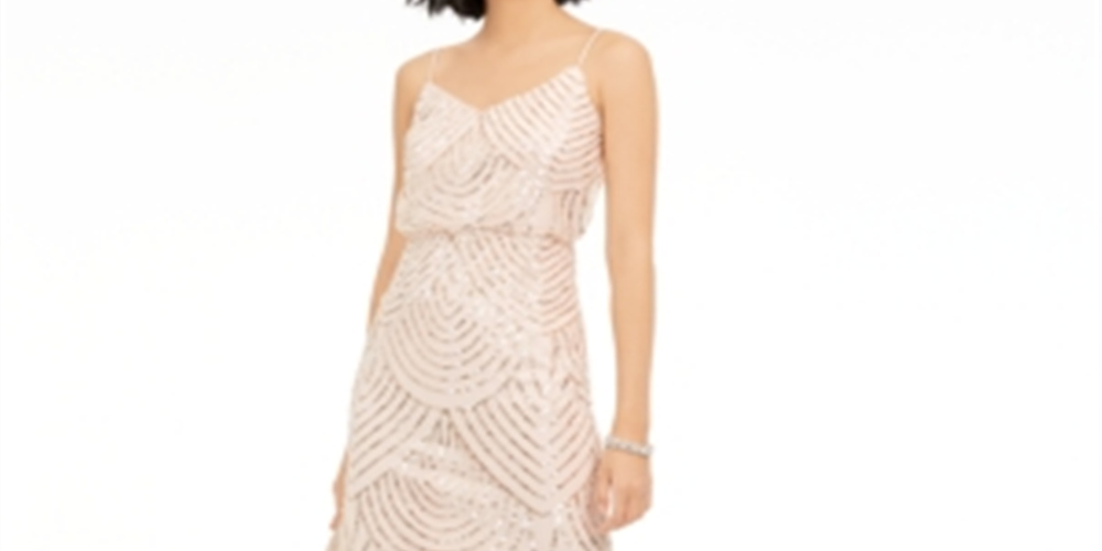 Adrianna Papell Women's  Sequined Spaghetti Strap V Neck Maxi Evening Sheath Dress Pink Size 16