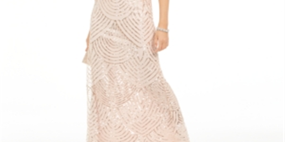 Adrianna Papell Women's  Sequined Spaghetti Strap V Neck Maxi Evening Sheath Dress Pink Size 16