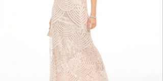 Adrianna Papell Women's  Sequined Spaghetti Strap V Neck Maxi Evening Sheath Dress Pink Size 16