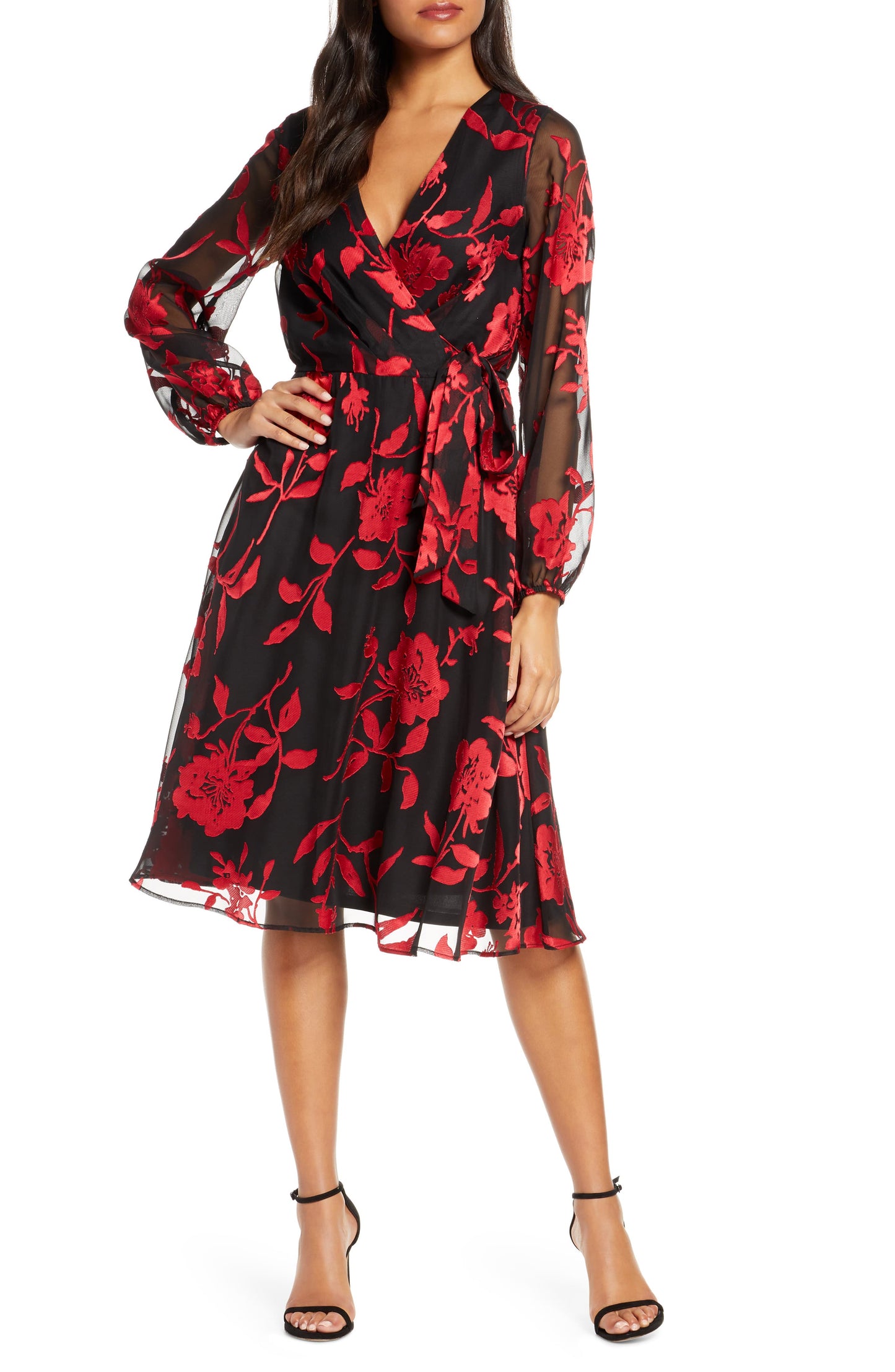 Julia Jordan Women's Floral-Print Faux-Wrap Dress Red Combo Size 10