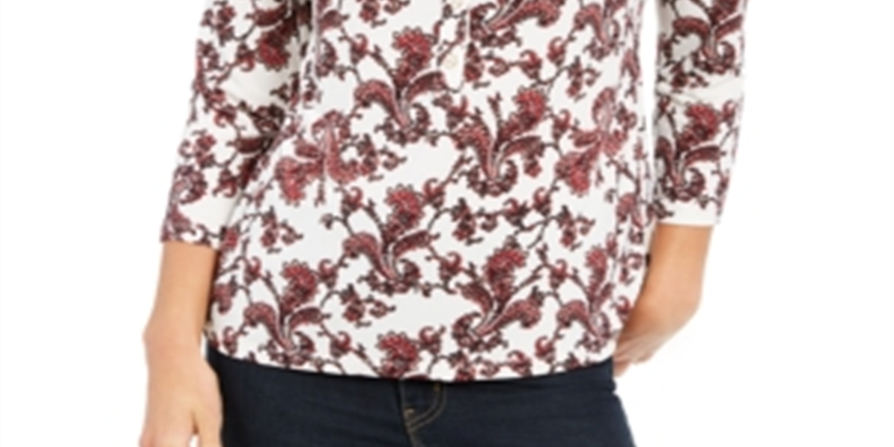 Charter Club Women's Printed 34-Sleeve Polo Cloud Combo  Size  XL