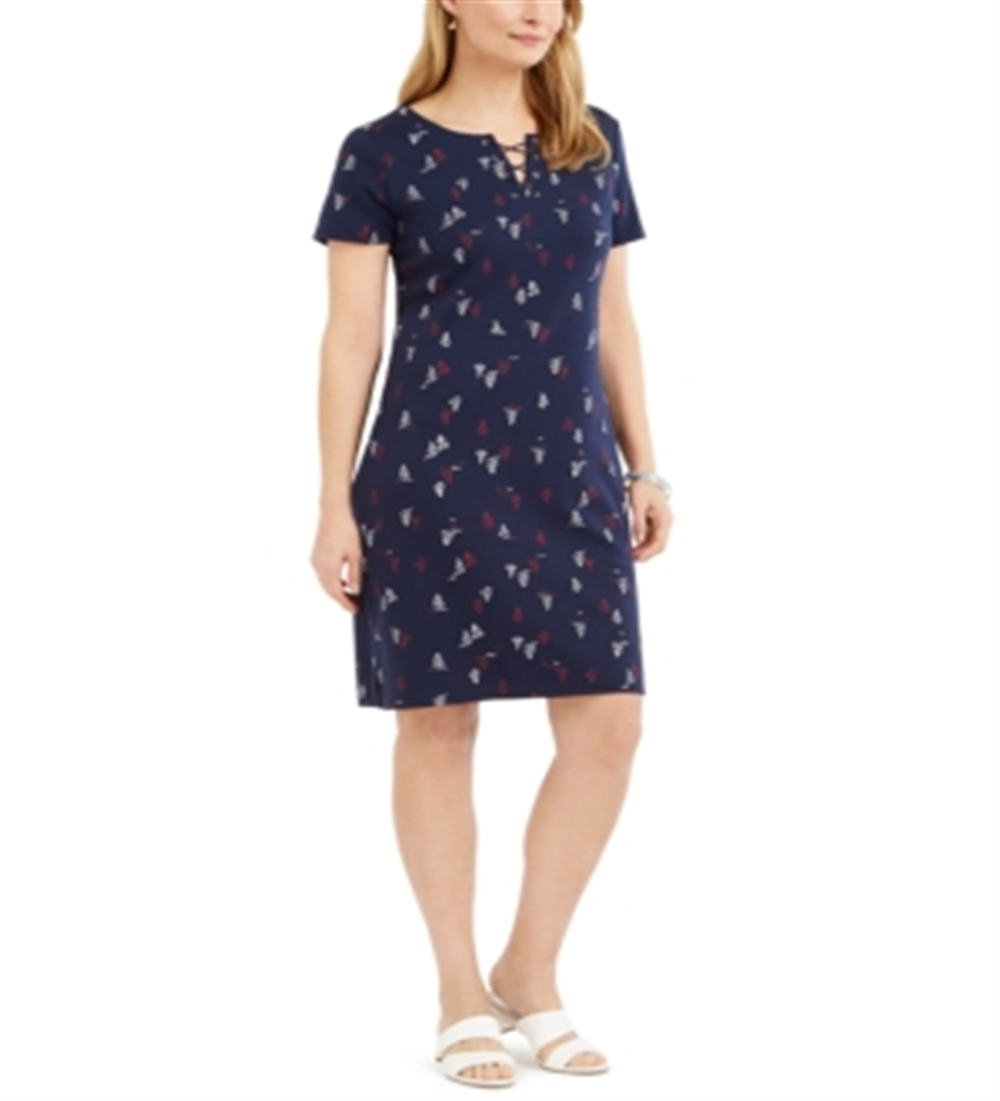 Karen Scott Women's Lace-Up Split-Neck Dress Intrepid Blue Size  S