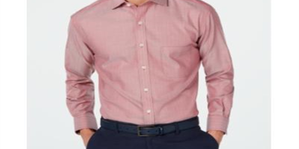 Tasso Elba Men's Mini-Herringbone Supima Cotton Dress Shirt  Burgundy  Size 17X34-35