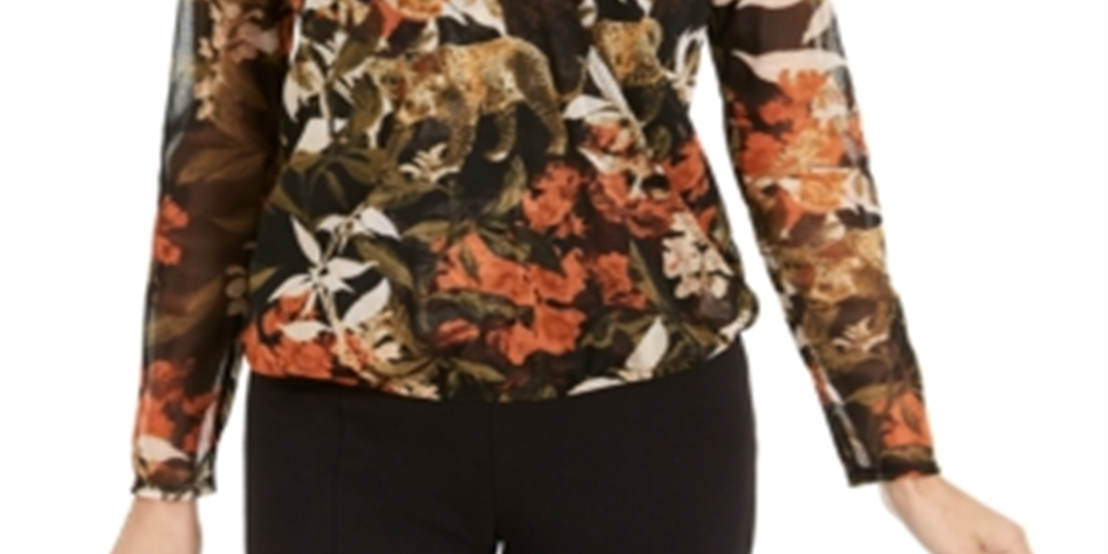 INC International Concepts Women's Printed Faux Wrap Top Black Size Petite L