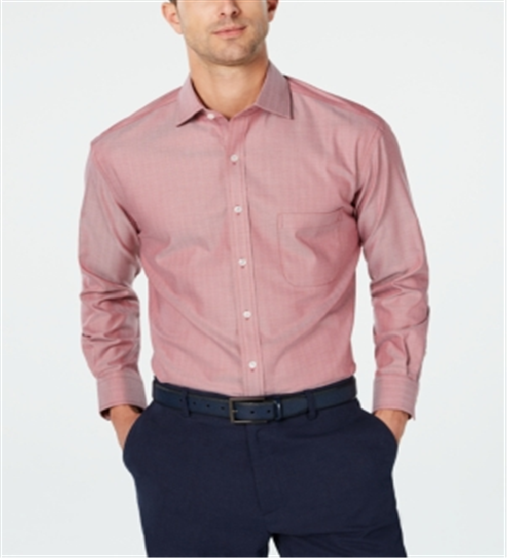 Tasso Elba Men's Mini Herringbone Supima Cotton Dress Shirt Red Size 15X32-33