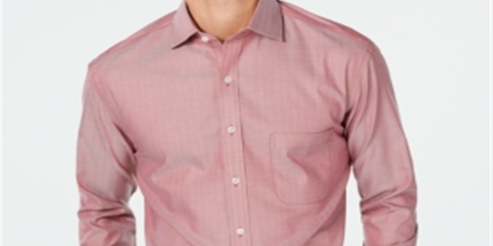 Tasso Elba Men's Mini Herringbone Supima Cotton Dress Shirt Red Size 15X32-33