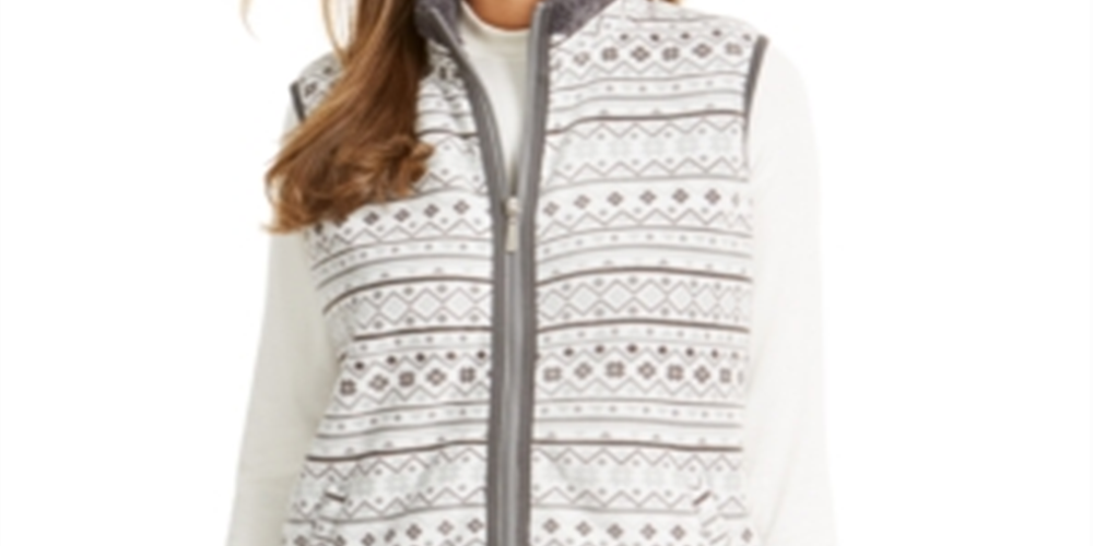 Karen Scott Women's Sport Fairisle Print Sherpa Trim Vest Gray Size M