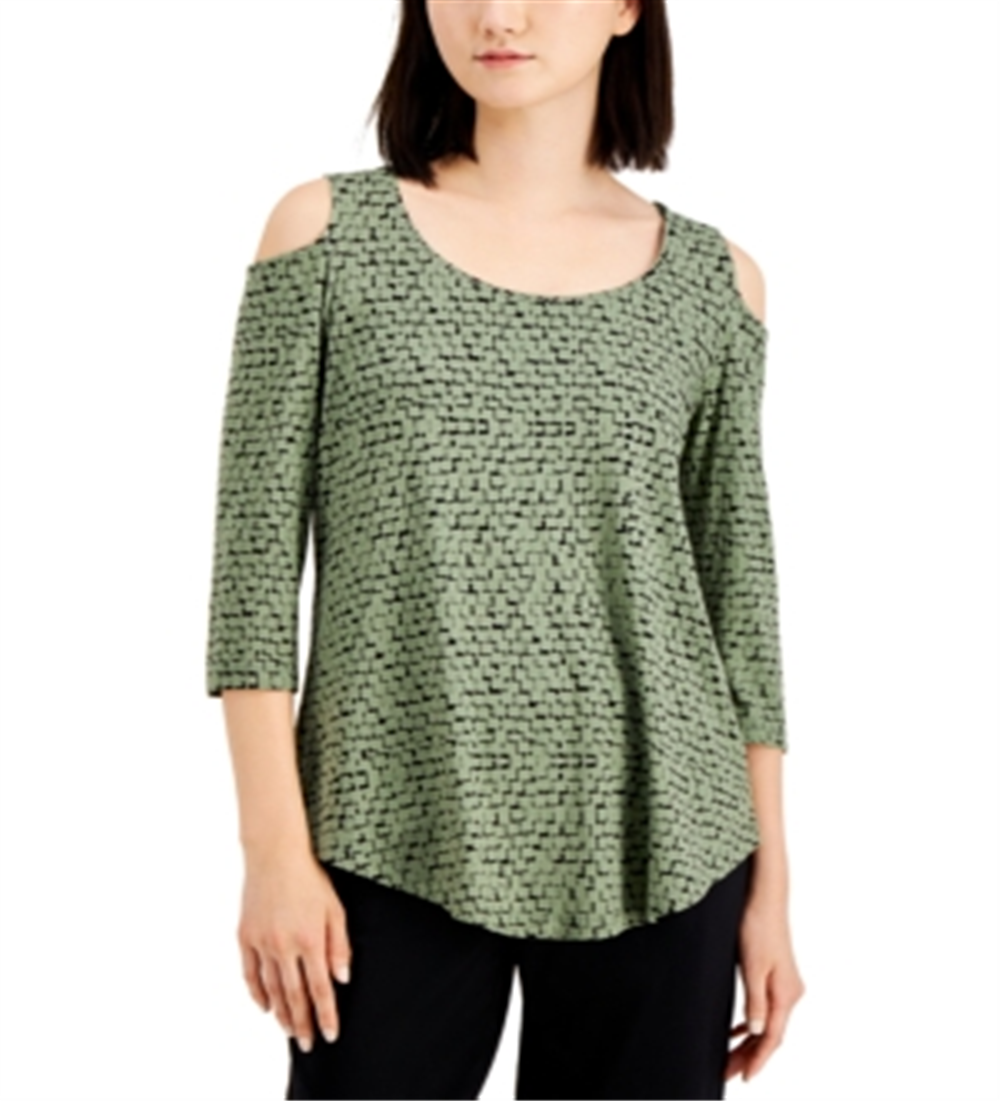 JM Collection Women's  Geometric-Print Cold-Shoulder Top  Green Size M