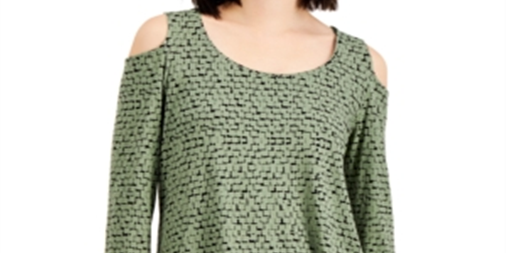 JM Collection Women's  Geometric-Print Cold-Shoulder Top  Green Size M