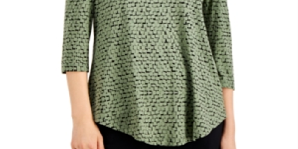 JM Collection Women's  Geometric-Print Cold-Shoulder Top  Green Size M