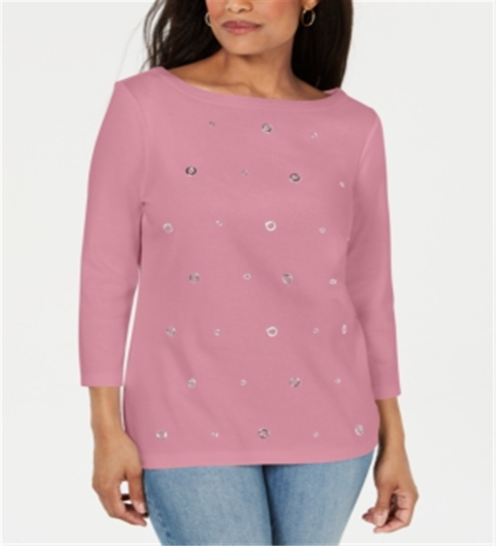 Karen Scott Women's Grommet Cotton 3/4 Sleeve Top Pink Size Petite S