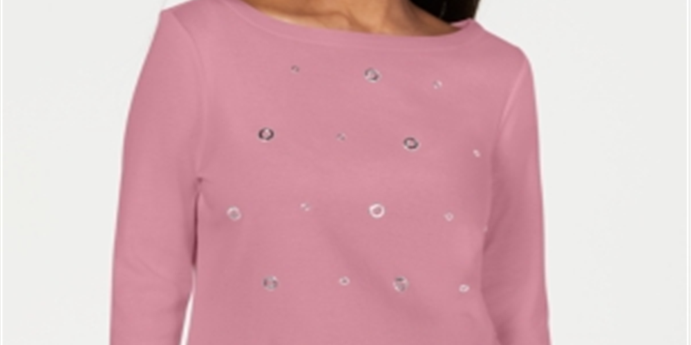 Karen Scott Women's Grommet Cotton 3/4 Sleeve Top Pink Size Petite S