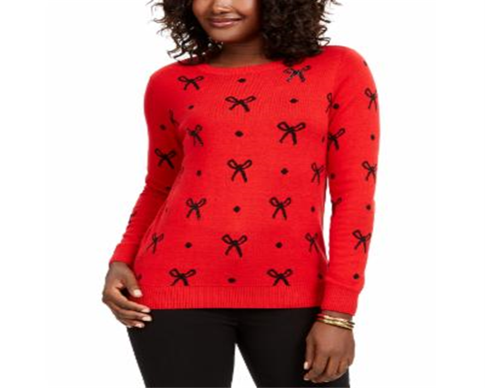 Charter Club Women's Embellished Ribbed Long Sleeve Crew Neck Sweater Red Size Petite Large