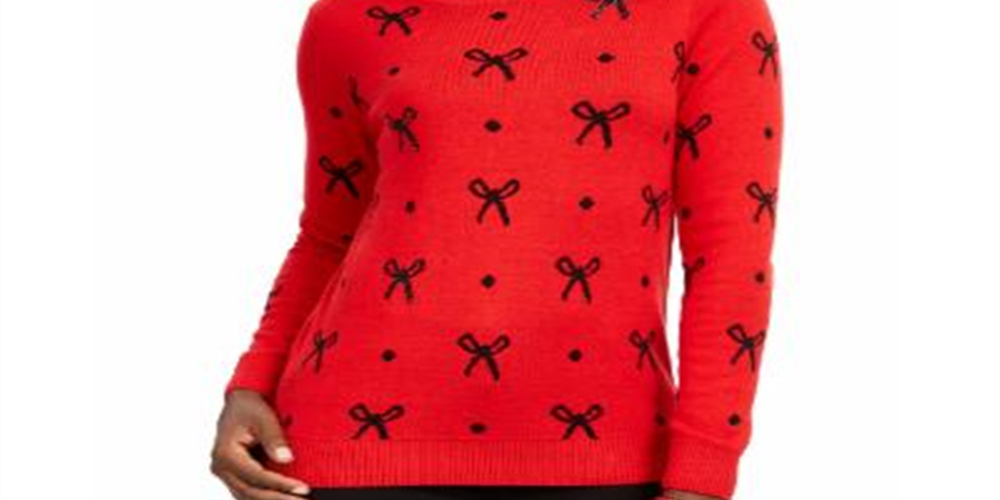 Charter Club Women's Embellished Ribbed Long Sleeve Crew Neck Sweater Red Size Petite Large