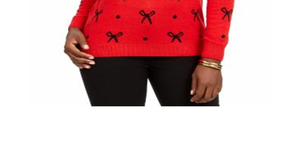 Charter Club Women's Embellished Ribbed Long Sleeve Crew Neck Sweater Red Size Petite Large