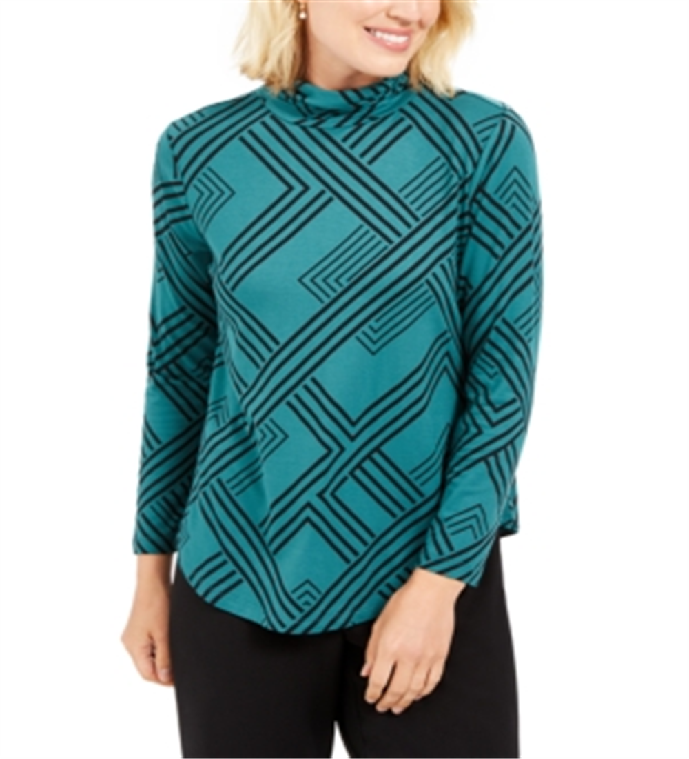 JM Collection Women's Printed Turtleneck Top Green Size Petite S