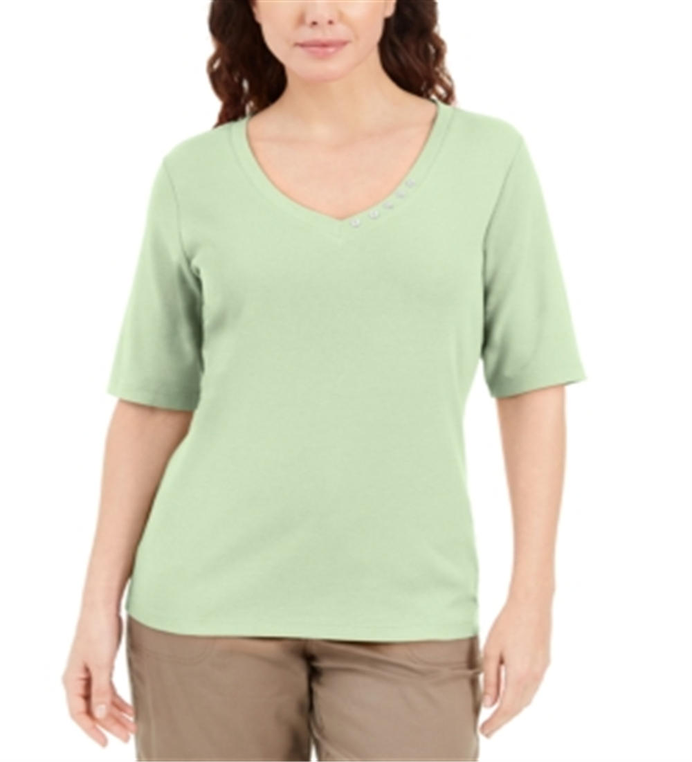 Karen Scott Women's Button Detail V Neck Top Green Size X-Large