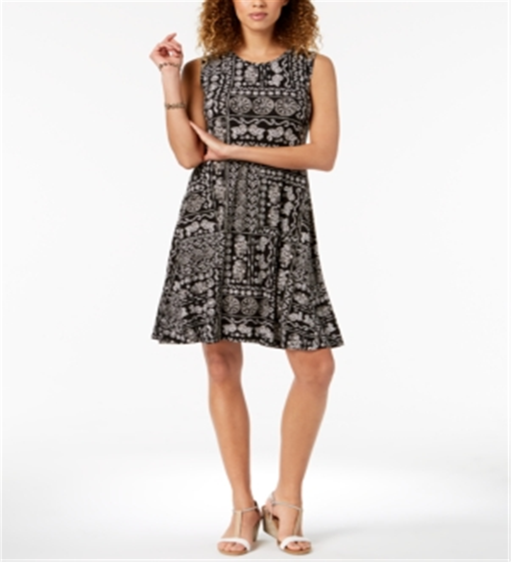 Style & Co Women's Printed Swing Dress Black Size Petite M