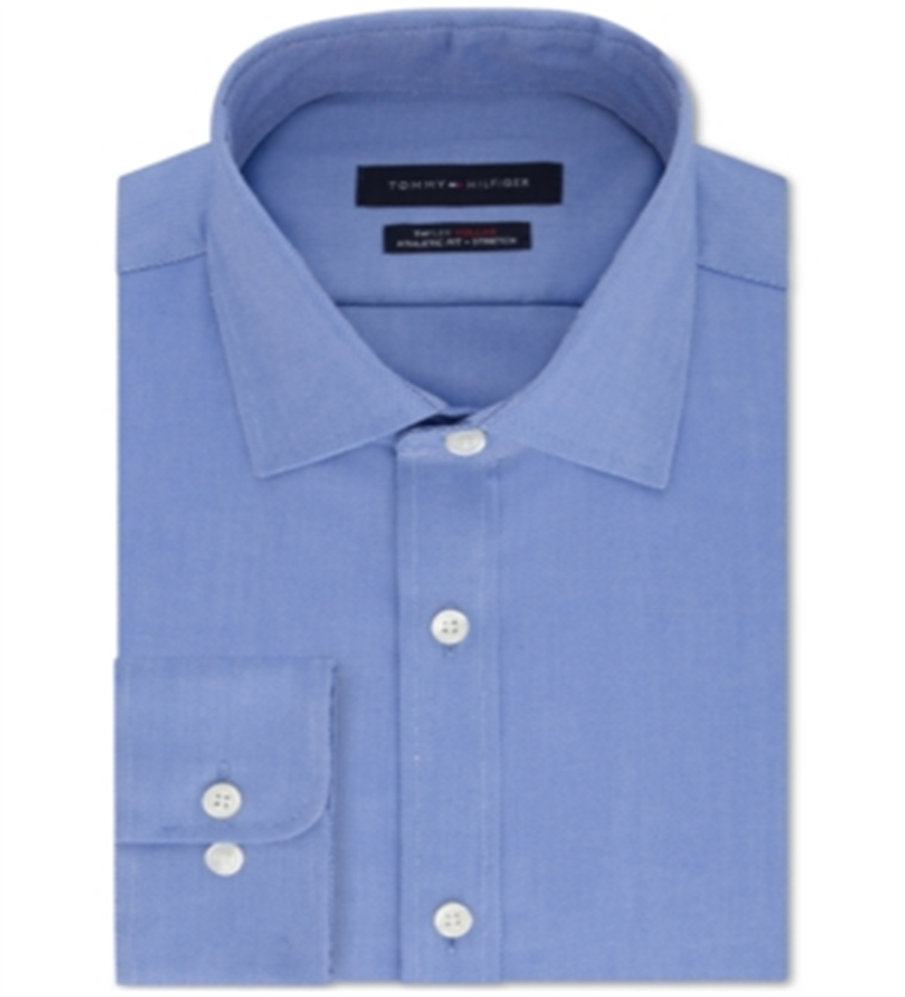 Tommy Hilfiger Men's Athletic Fit Performance Stretch Th Flex Collar Solid Dress Shirt Blue Size XL