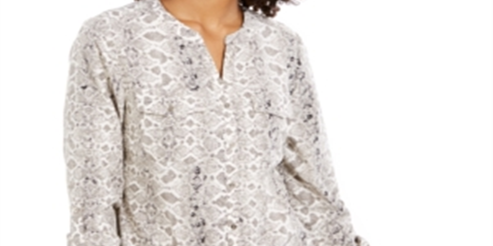NY Collection Women's Printed Roll Tab Sleeve Button Front Top Gray Size Petite XS