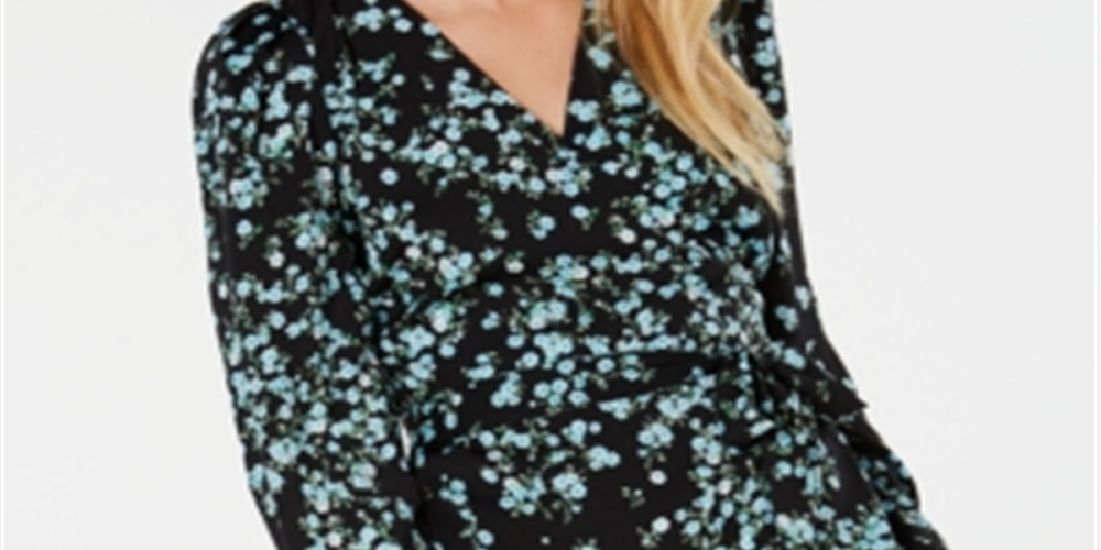 INC International Concepts Women's Printed Wrap Blouse Black Size Petite Medium