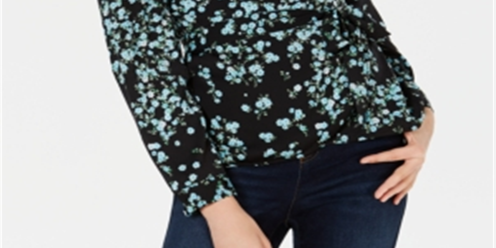 INC International Concepts Women's Printed Wrap Blouse Black Size Petite Medium