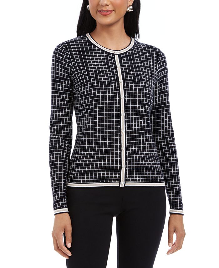 Charter Club Women's Petite Metallic-Trim Grid-Patterned Cardigan Sweater Black Size Petite S