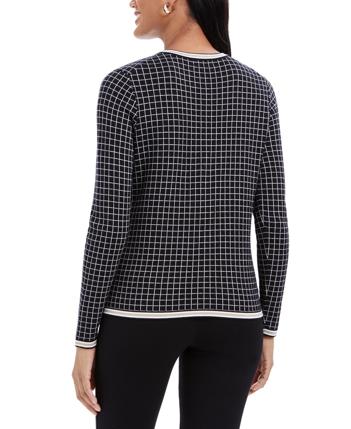 Charter Club Women's Petite Metallic-Trim Grid-Patterned Cardigan Sweater Black Size Petite S