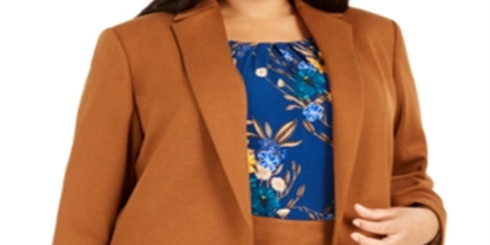 Calvin Klein Women's Plus Notched Lapel Long Blazer Brown Size 14W