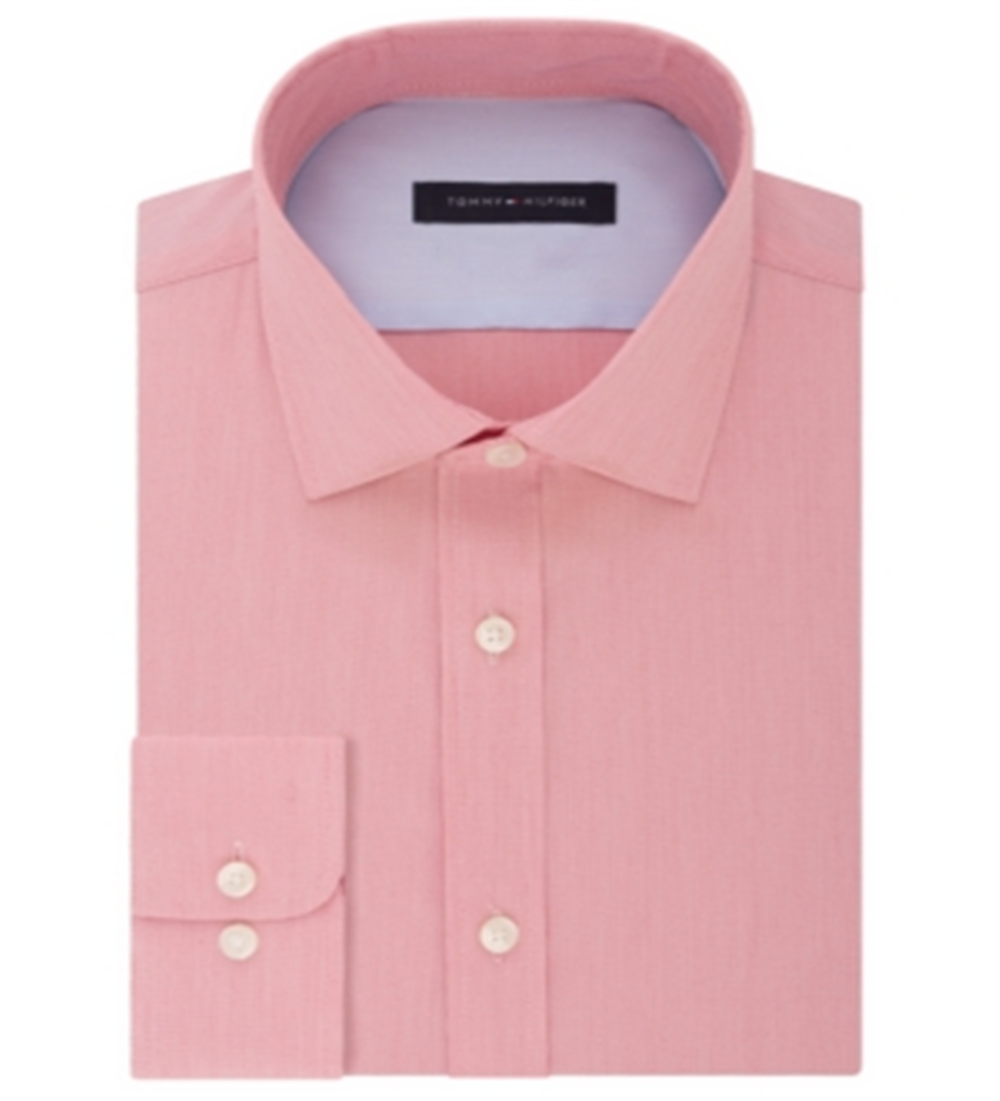 Tommy Hilfiger Men's Solid Long Sleeve Work Dress Shirt Red Size 17.5- 36/37