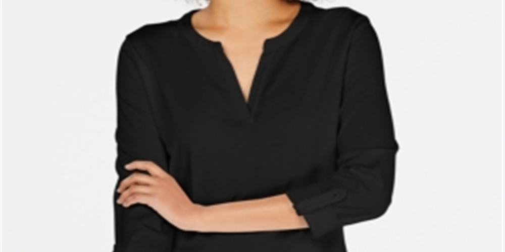 Charter Club Women's Petite Supima Cotton Split-Neck Top Black Size Petite S