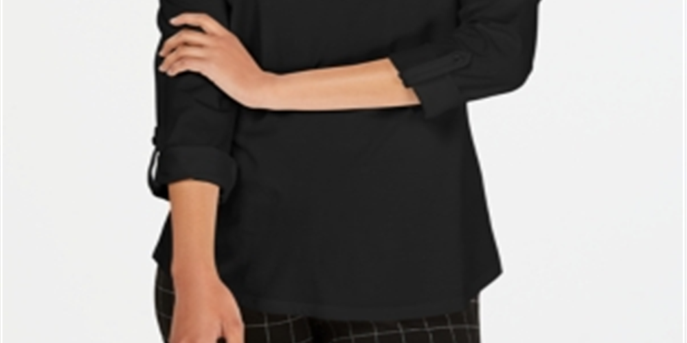 Charter Club Women's Petite Supima Cotton Split-Neck Top Black Size Petite S