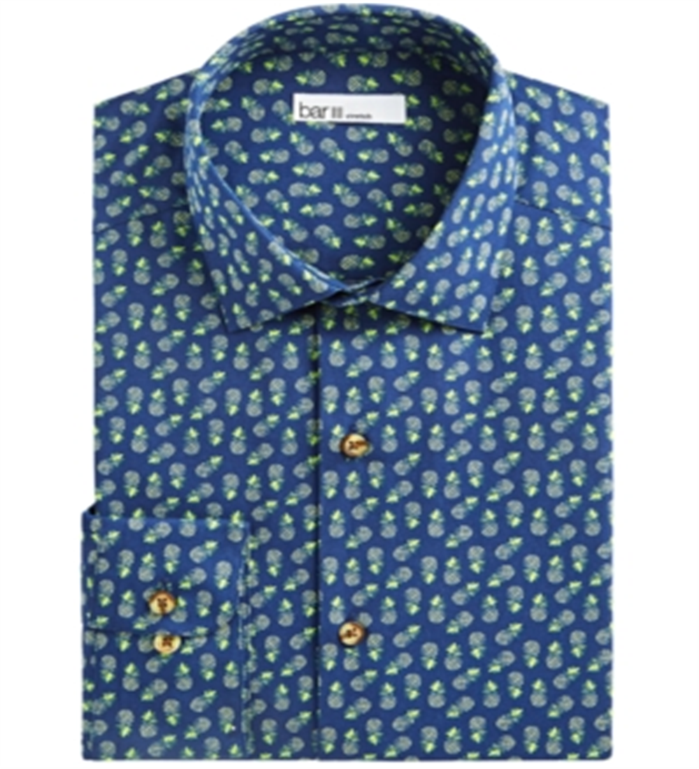 Bar III Men's Maxs Tossed Pineapple Slim Fit Print Button Down Shirt Blue Size L