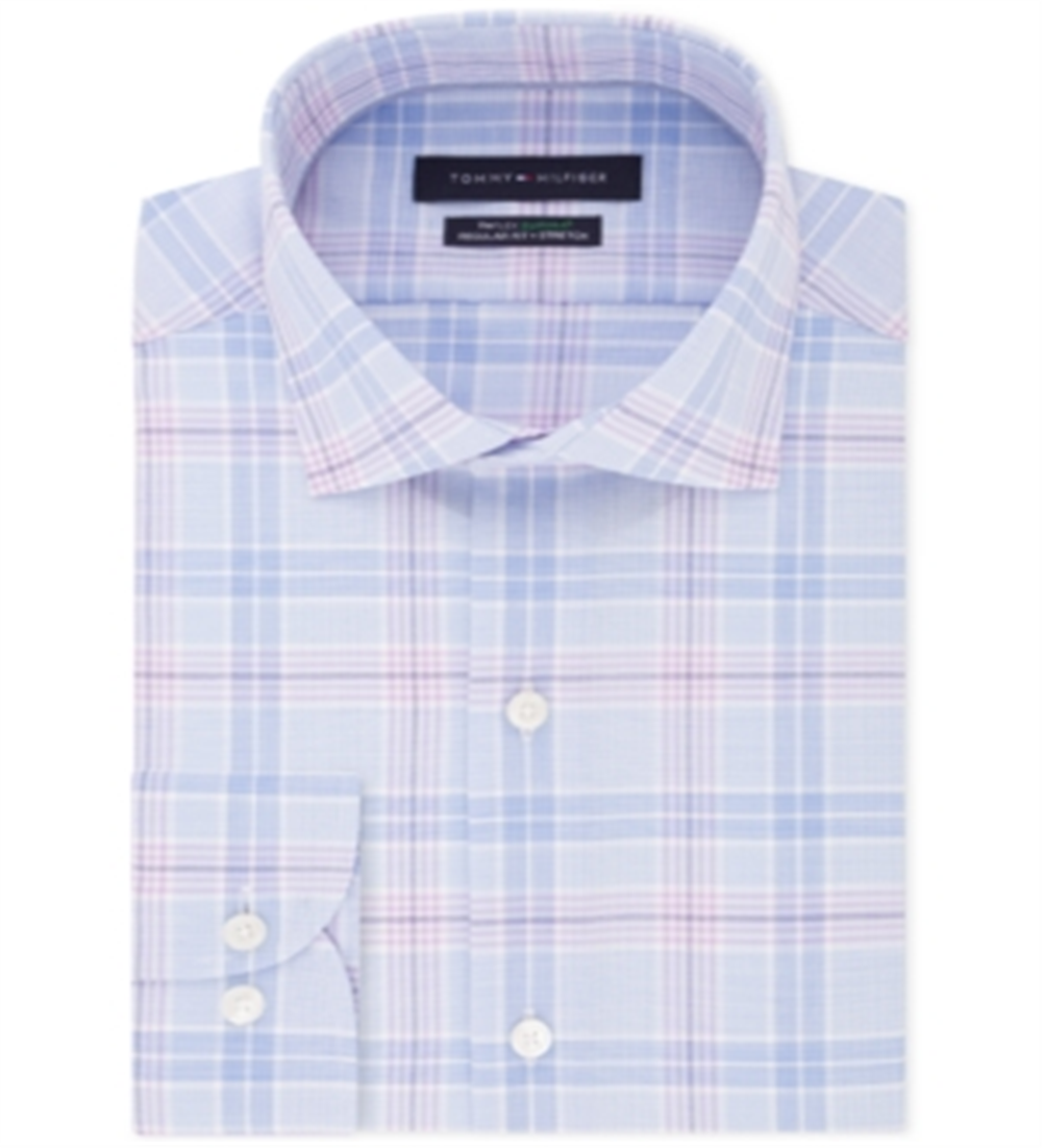 Tommy Hilfiger Men's Flex Stretch Moisture-Wicking Non-Iron Check Dress Shirt Blue Size 17.5X32-33
