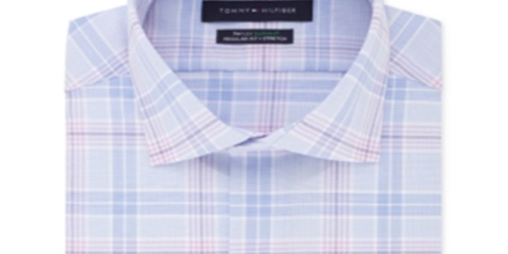 Tommy Hilfiger Men's Flex Stretch Moisture-Wicking Non-Iron Check Dress Shirt Blue Size 17.5X32-33
