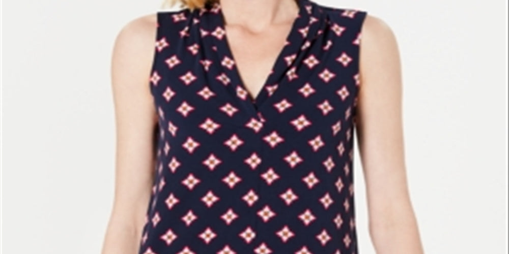 Charter Club Women's V Neck Printed Blouse Navy Size PSM