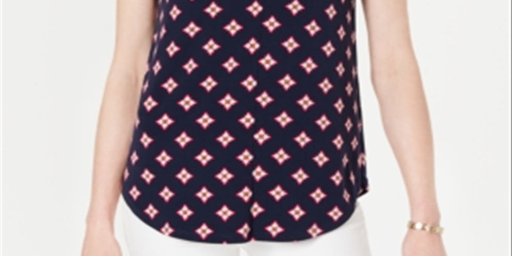 Charter Club Women's V Neck Printed Blouse Navy Size PSM