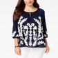 Charter Club Women's Embroidered Gauze Top Blue Size Petite L
