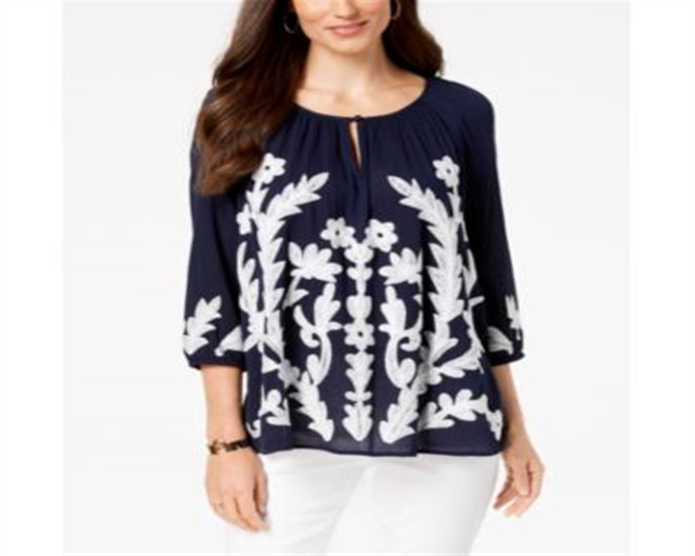 Charter Club Women's Embroidered Gauze Top Blue Size Petite L